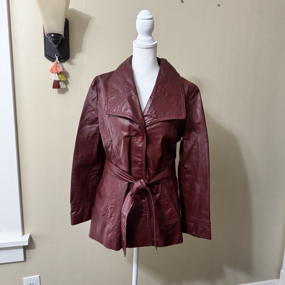 VTG Women's Oxblood Red Leather Jacket Coat Tie Belt Sz Medium 90s Y2K Grunge